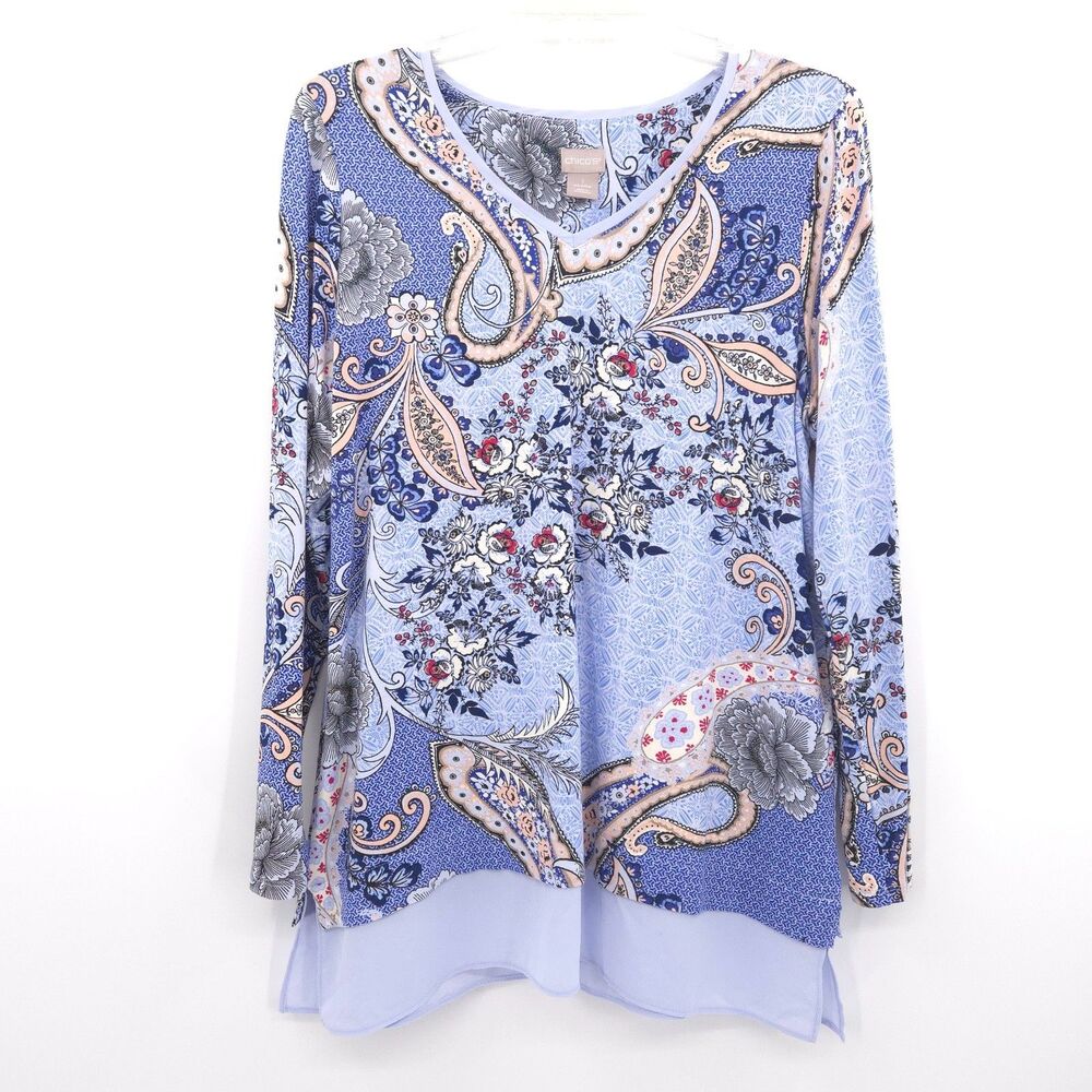 Chico's paisley tunic top Size 1‎ (M) purple stretch knit long sleeve